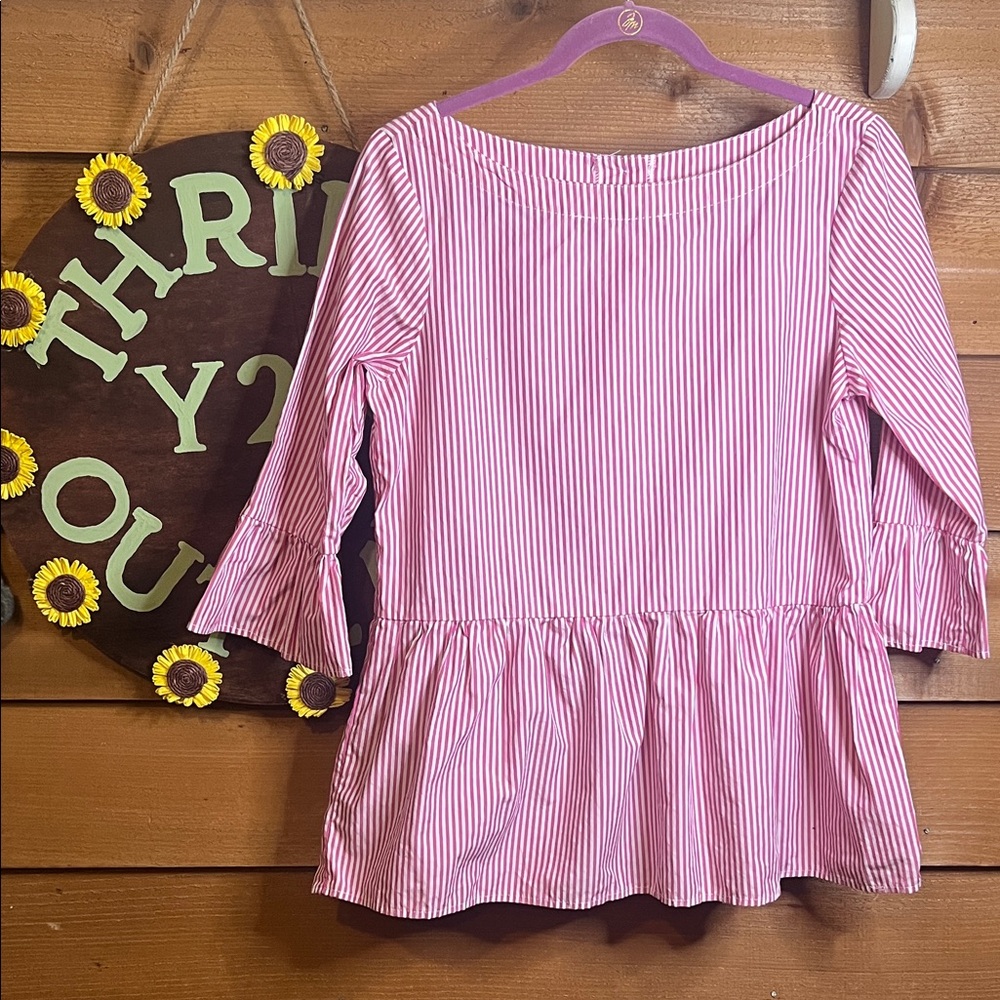 Haley and the Hound Pink Stripe Peplum Bell Flare Sleeve Button Shirt Anthro S-L